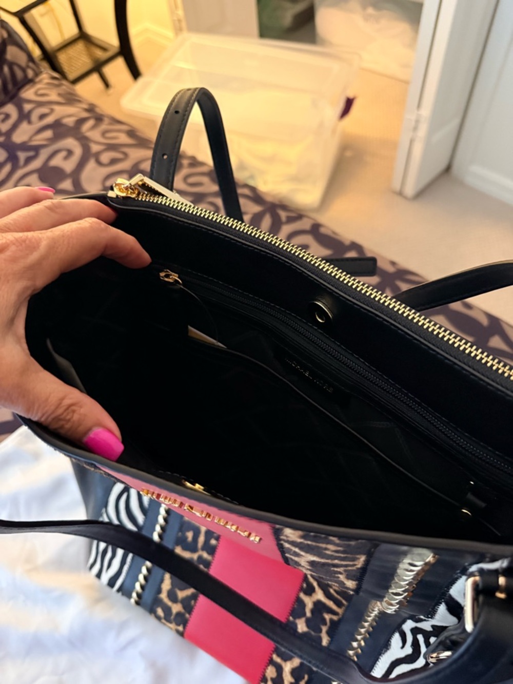 Michael Kors Black, Red & Animal Print Leather Tote - Picture 4 of 5
